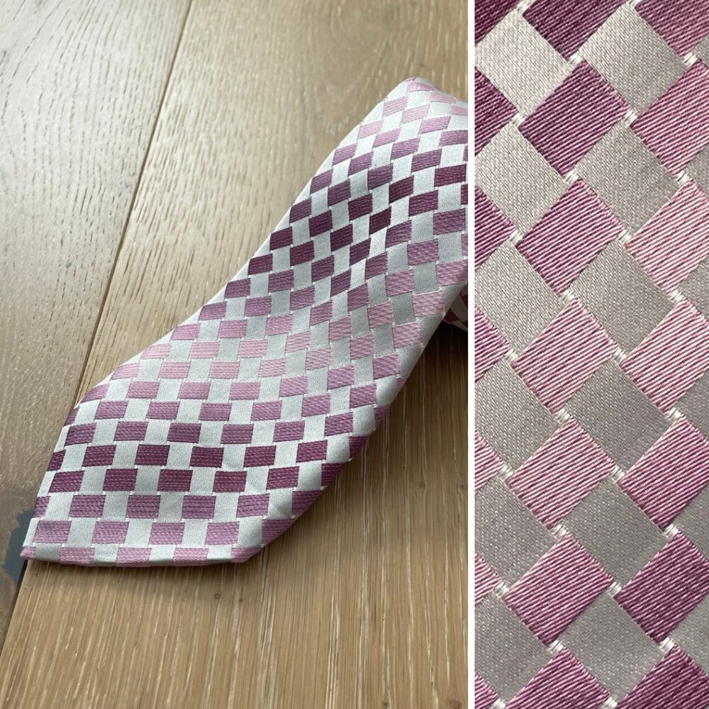 Alfani Tie Men Necktie Wide 100% Silk Pink Gray Silver Rectangle Geometric Print